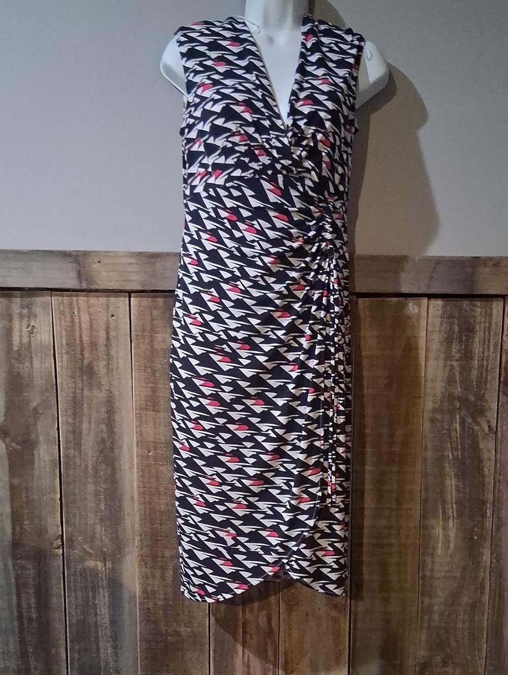 London Times Black, White & Pink Ruched Wrap Midi Dress